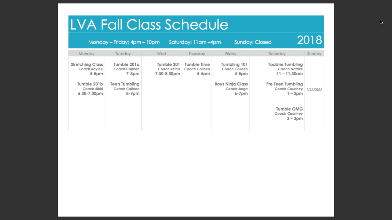 Fall Class Schedule Las Vegas All Stars