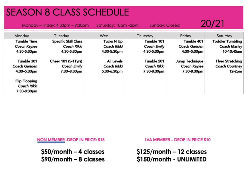Updated Las Vegas All Star Cheerleading Class Schedule